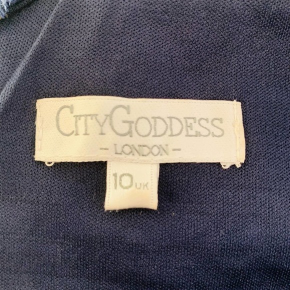 City Goddess London Embroidered Lace Midi Bardot Dip Hem Dress Formal Navy Sz 10 - Picture 13 of 15